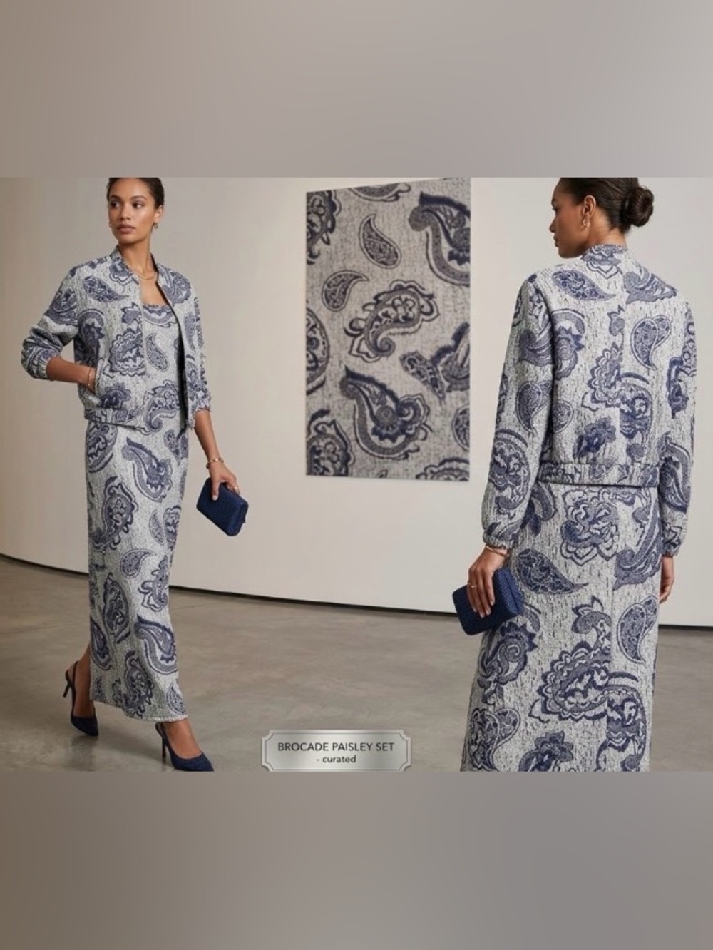 2 Piece Set: Paisley Print Blue & Greige Slip Maxi Dress & Jacket by 1 State- M